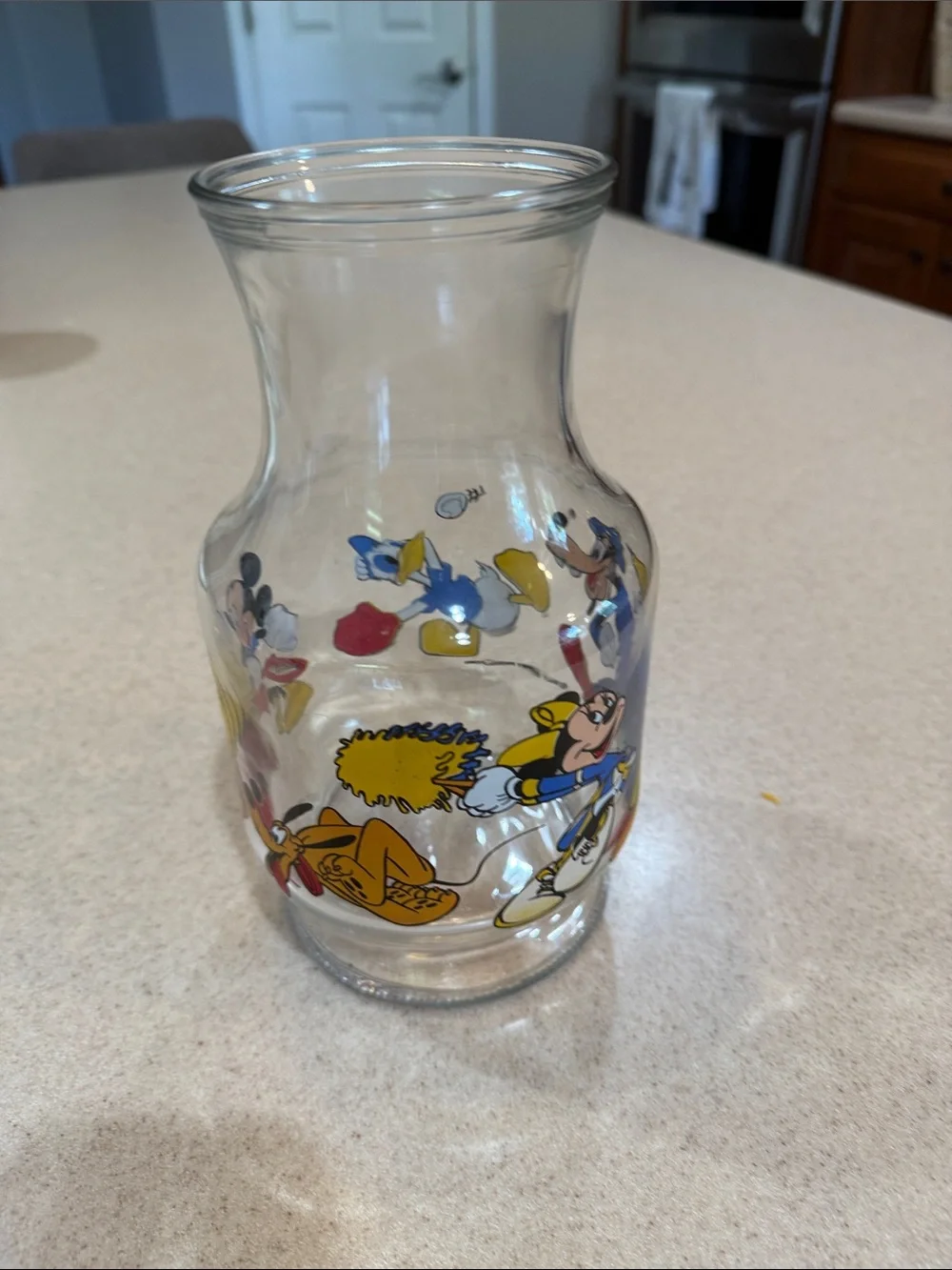 Vintage Disney Clear Glass Carafe with Multi-Color Character Prints